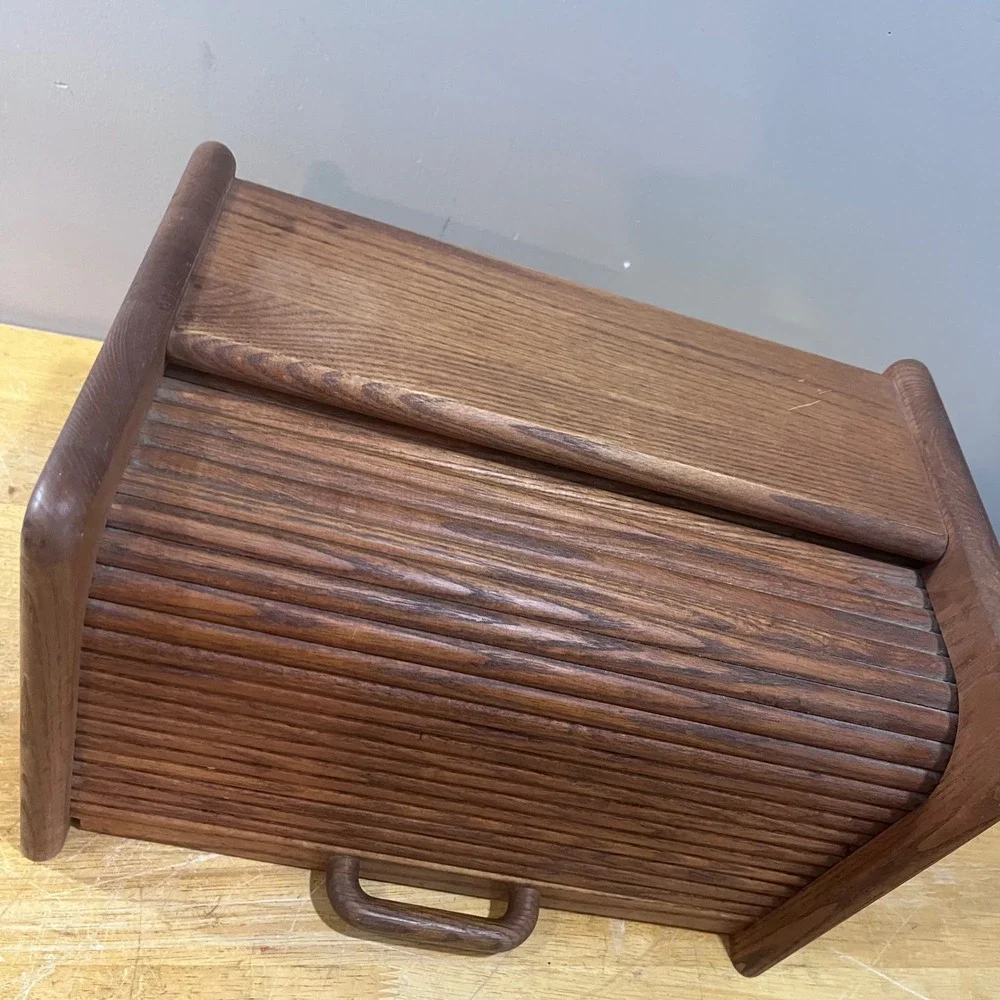 Vtg Mid Century Modern Oak Wood Roll Top‎ Bread Box Kitchen Countertop Storage